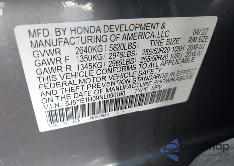 2022 Acura Mdx A-Spec Package from USA, damaged, VIN 5J8YE1H09NL050160